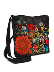 Handmade Floral Crossbody Black Bag made from Dupion & cotton Duck Fabric with Embroidery For Women & Girls