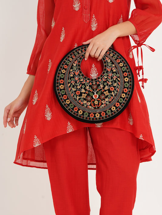 Black Suede Floral Embroidered Round Handbag, Hand Purse, Clutches with Thread Work for Women & Girls