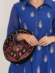 Traditional Black Suede Round Handbag with Floral Embroidery, Gota Patti & Sequin Work