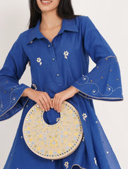 Beige Suede Floral Embroidered Round Handbag, Hand Purse, Clutches with Patra Mirror Work for Women & Girls