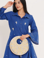 Beige Suede Floral Embroidered Round Handbag, Hand Purse, Clutches with Patra Mirror Work for Women & Girls