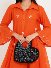 Handmade Heart Shape Handbag, Black Soft Poly Suede Fabric with Earthy Colour Embroidery and Gota Patti Work