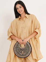Black Suede Floral Embroidered Round Handbag, Hand Purse, Clutches with Patra Mirror Work for Women & Girls