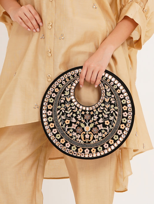 Black Suede Floral Embroidered Round Handbag, Hand Purse, Clutches with Patra Mirror Work for Women & Girls