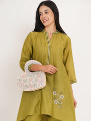 Heart Shape Embroidered Handbag, Off White Soft Poly Suede Fabric with Multi Pastel Thread Embroidery and Gota Patti Work