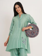 Gray Suede Floral Embroidered Round Handbag, Hand Purse, Clutches with Patra Mirror Work for Women & Girls