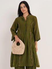 Peacock Embroidered Purse, Beige Soft Poly Suede Fabric with Copper Zari, Dori Cording and Silk Thread Detailing
