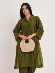 Peacock Embroidered Purse, Beige Soft Poly Suede Fabric with Copper Zari, Dori Cording and Silk Thread Detailing