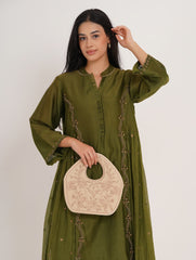 Peacock Embroidered Purse, Beige Soft Poly Suede Fabric with Copper Zari, Dori Cording and Silk Thread Detailing