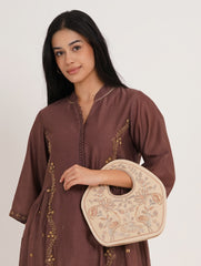 Peacock Embroidered Handbag, Beige Soft Poly Suede Fabric with Off White Thread Embroidery, Dori Cording and Black Nylon Detailing