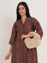 Peacock Embroidered Handbag, Beige Soft Poly Suede Fabric with Off White Thread Embroidery, Dori Cording and Black Nylon Detailing