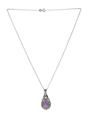 925 Sterling Silver Amethyst Gemstone Pendant Pear Shape Stone and Ornate Floral Design