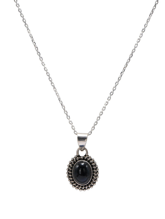 925 Sterling Silver Black Onyx Gemstone Pendant Oval Cabochon and Detailed Sunburst Design