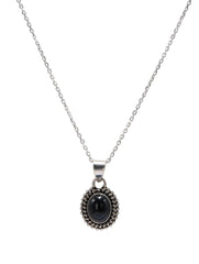 925 Sterling Silver Black Onyx Gemstone Pendant Oval Cabochon and Detailed Sunburst Design