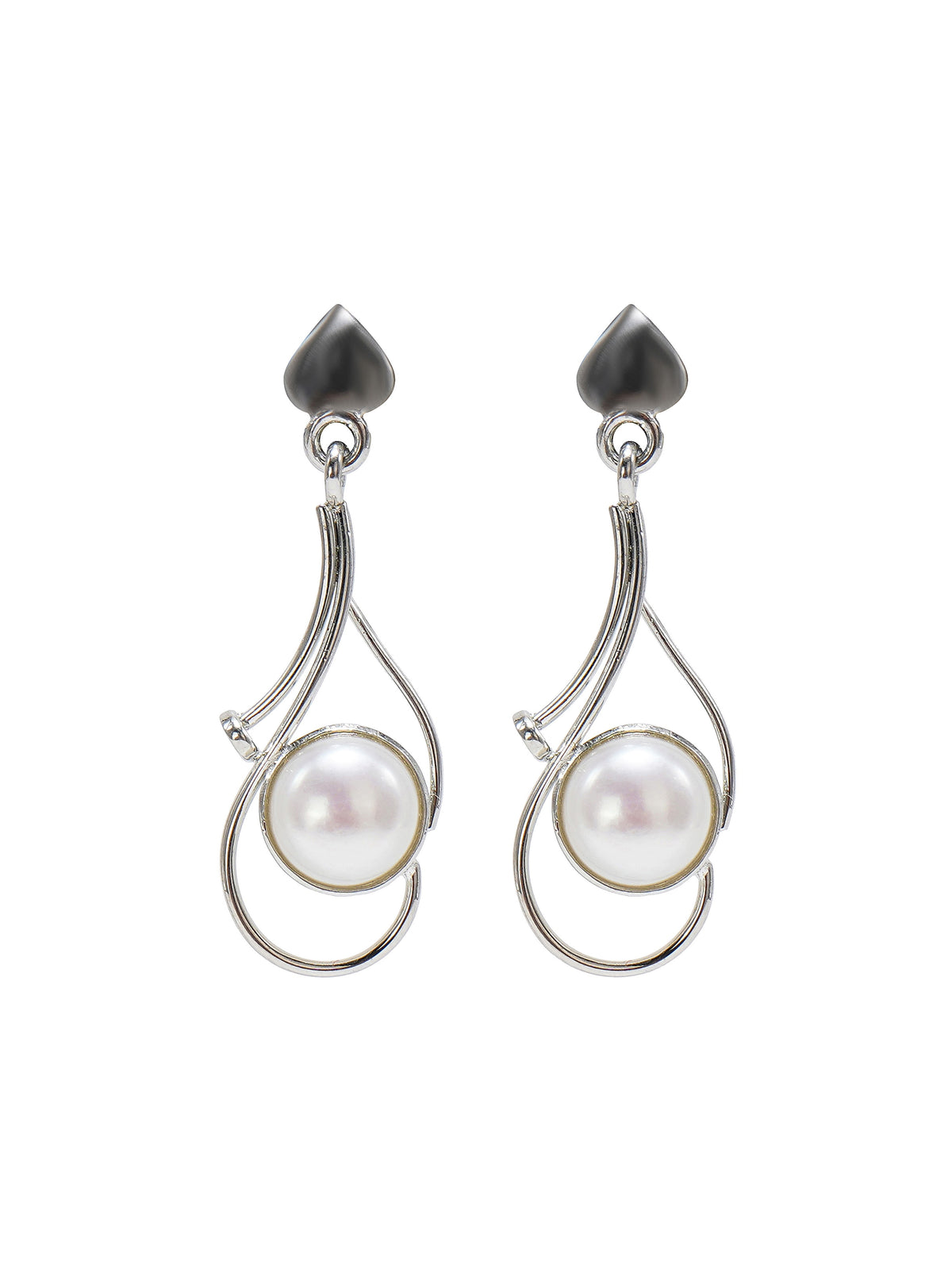925 Sterling Silver Pearl Drop Earrings with Modern Curved Design