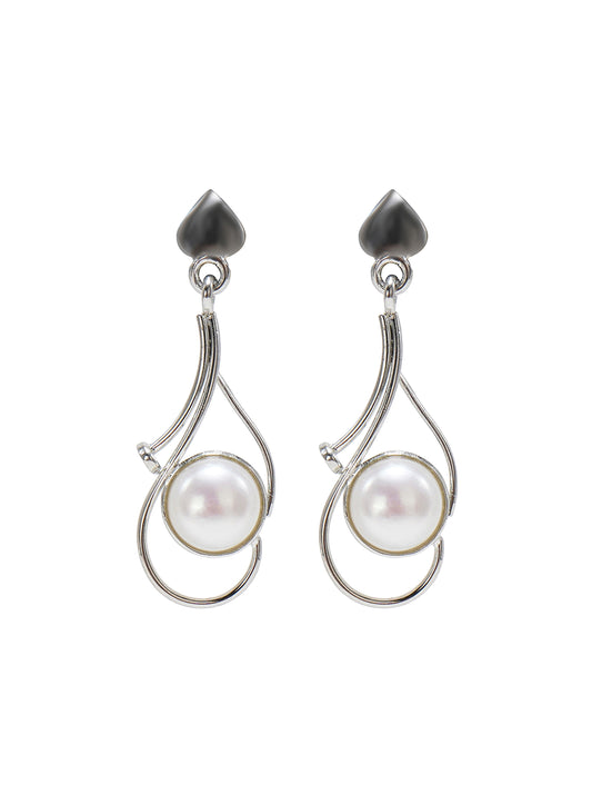 925 Sterling Silver Pearl Drop Earrings with Modern Curved Design