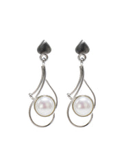 925 Sterling Silver Pearl Drop Earrings with Modern Curved Design