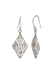 925 Sterling Silver Filigree Diamond Shape Dangle Earrings