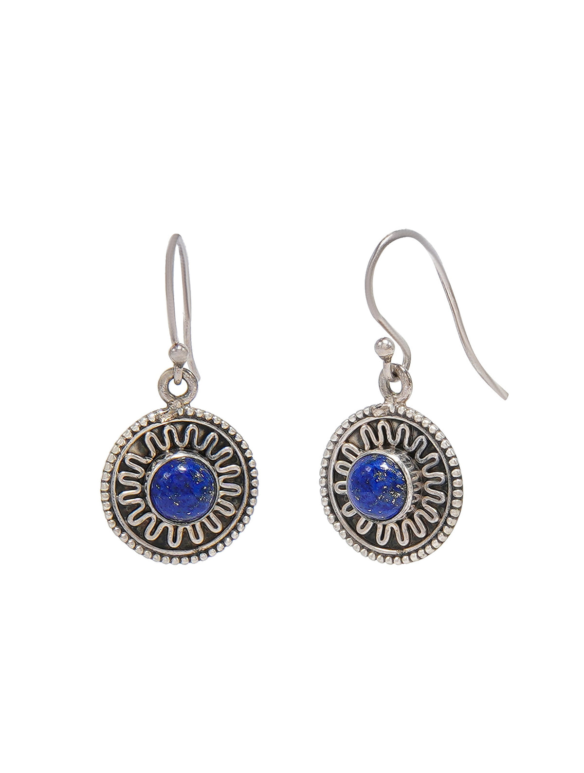 925 Sterling Silver Lapis Lazuli Gemstone Floral Round Drop Earrings