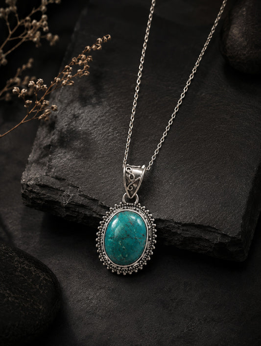 925 Sterling Silver Turquoise Gemstone Pendant Necklace for Women Oval Stone and Detailed Design