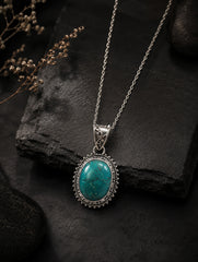925 Sterling Silver Turquoise Gemstone Pendant Necklace for Women Oval Stone and Detailed Design