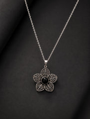 925 Sterling Silver Black Onyx Floral Pendant for Women Openwork Flower Design