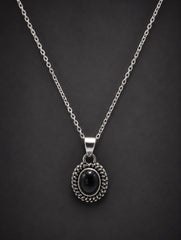 925 Sterling Silver Black Onyx Gemstone Pendant Oval Cabochon and Detailed Sunburst Design