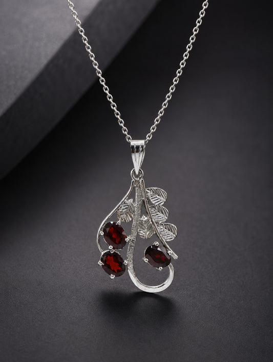 925 Sterling Silver Natural Garnet Gemstone Three Stone Leaf and Vine Design