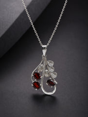 925 Sterling Silver Natural Garnet Gemstone Three Stone Leaf and Vine Design