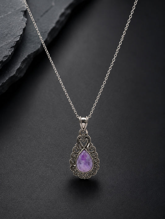 925 Sterling Silver Amethyst Gemstone Pendant Pear Shape Stone and Ornate Floral Design