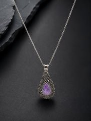 925 Sterling Silver Amethyst Gemstone Pendant Pear Shape Stone and Ornate Floral Design