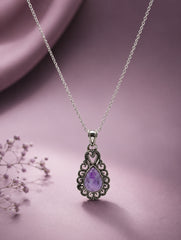 925 Sterling Silver Amethyst Gemstone Pendant Pear Shape Stone and Ornate Floral Design