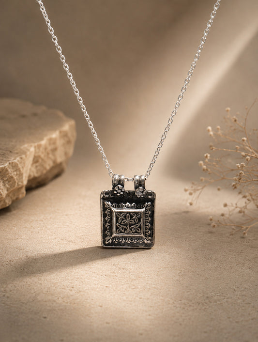 Traditional Sterling Silver Square Pendant Antique Finish and Detailed Floral Artwork