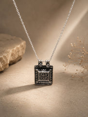 Traditional Sterling Silver Square Pendant Antique Finish and Detailed Floral Artwork