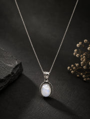 925 Sterling Silver White Moonstone Oval Pendant Intricate Beaded Edge Detailing
