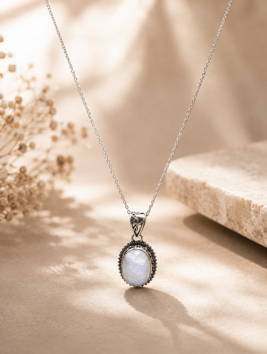 925 Sterling Silver White Moonstone Oval Pendant Intricate Beaded Edge Detailing