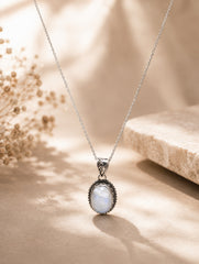 925 Sterling Silver White Moonstone Oval Pendant Intricate Beaded Edge Detailing