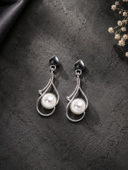 925 Sterling Silver Pearl Drop Earrings with Modern Curved Design