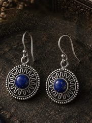 925 Sterling Silver Lapis Lazuli Gemstone Floral Round Drop Earrings
