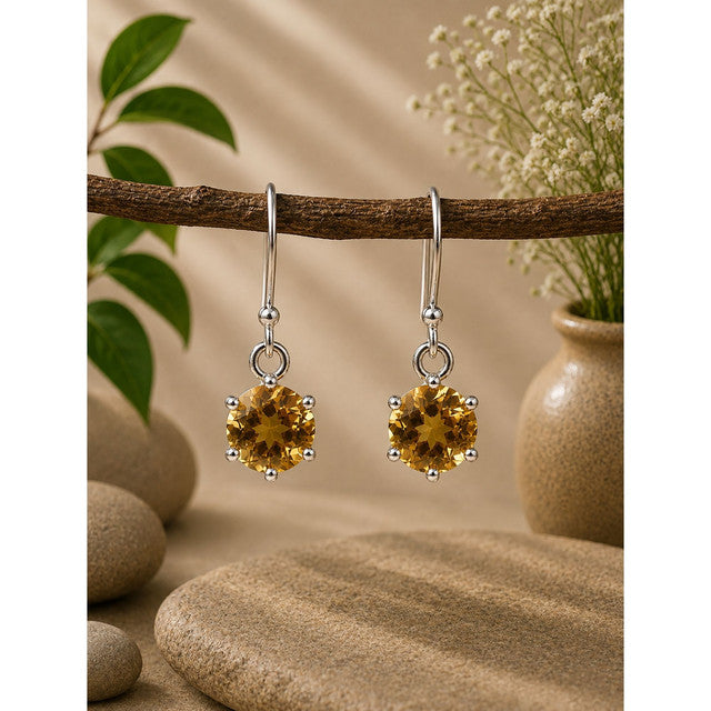 925 Sterling Silver Citrine Gemstone Drop Earrings for Women Round Golden Yellow Stone Jewelry
