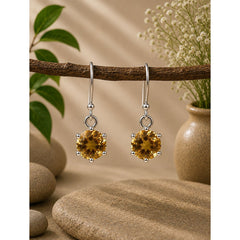 925 Sterling Silver Citrine Gemstone Drop Earrings for Women Round Golden Yellow Stone Jewelry