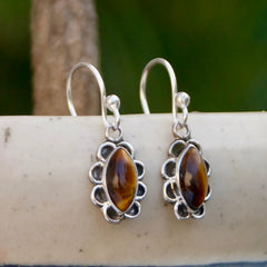 925 Silver Tiger Eye Oval Drop Earrings