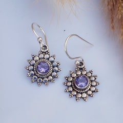 925 Silver Amethyst Round Stone Drop Earrings