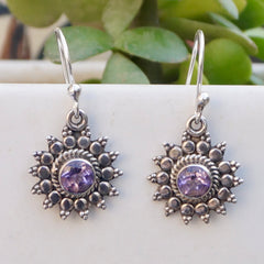 925 Silver Amethyst Round Stone Drop Earrings