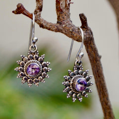 925 Silver Amethyst Round Stone Drop Earrings