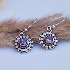 925 Silver Amethyst Round Stone Drop Earrings