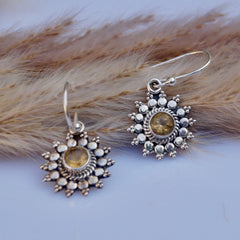 925 Silver Citrine Round DStone Drop Earrings
