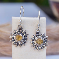 925 Silver Citrine Round DStone Drop Earrings