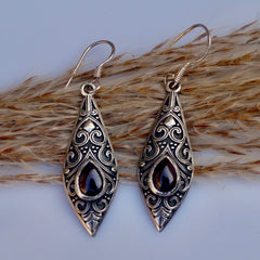 925 Silver Garnet Oval Dangle Earrings