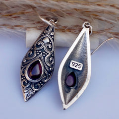 925 Silver Garnet Oval Dangle Earrings